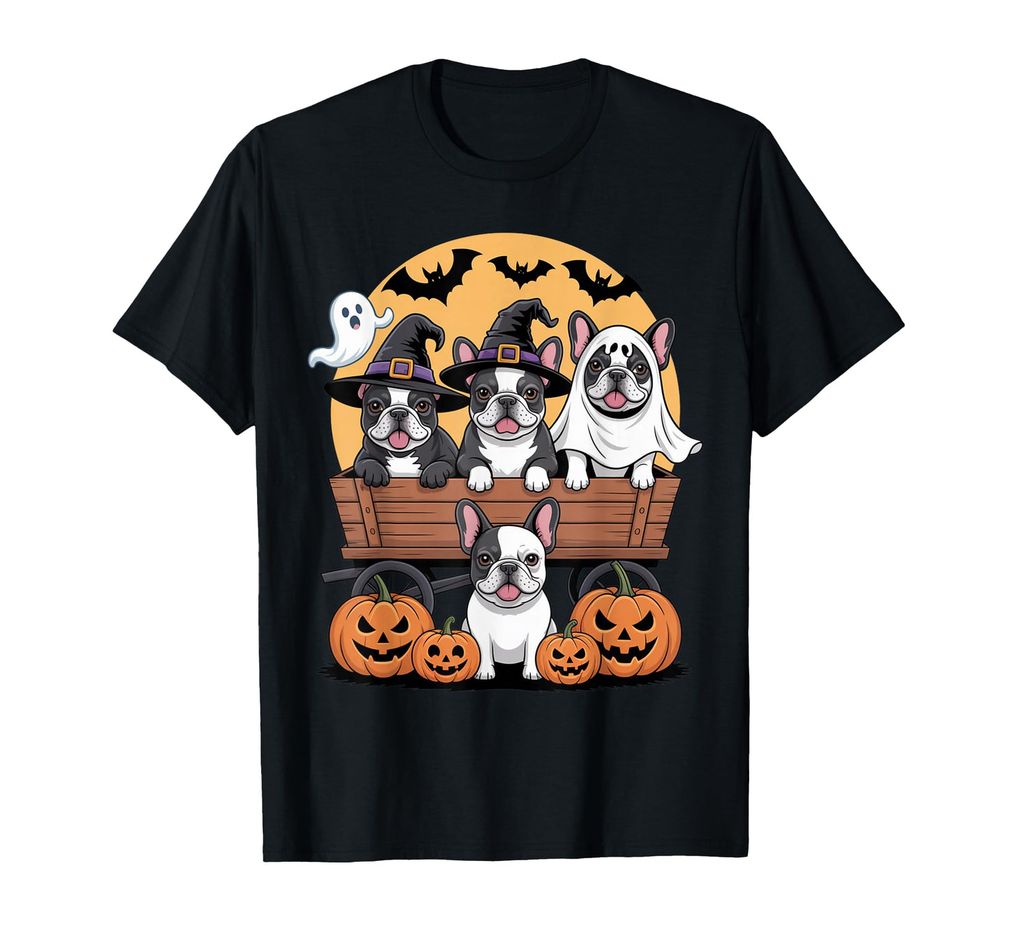French Bulldog Halloween Wagon Witch Hats Bats Pumpkins T-Shirt