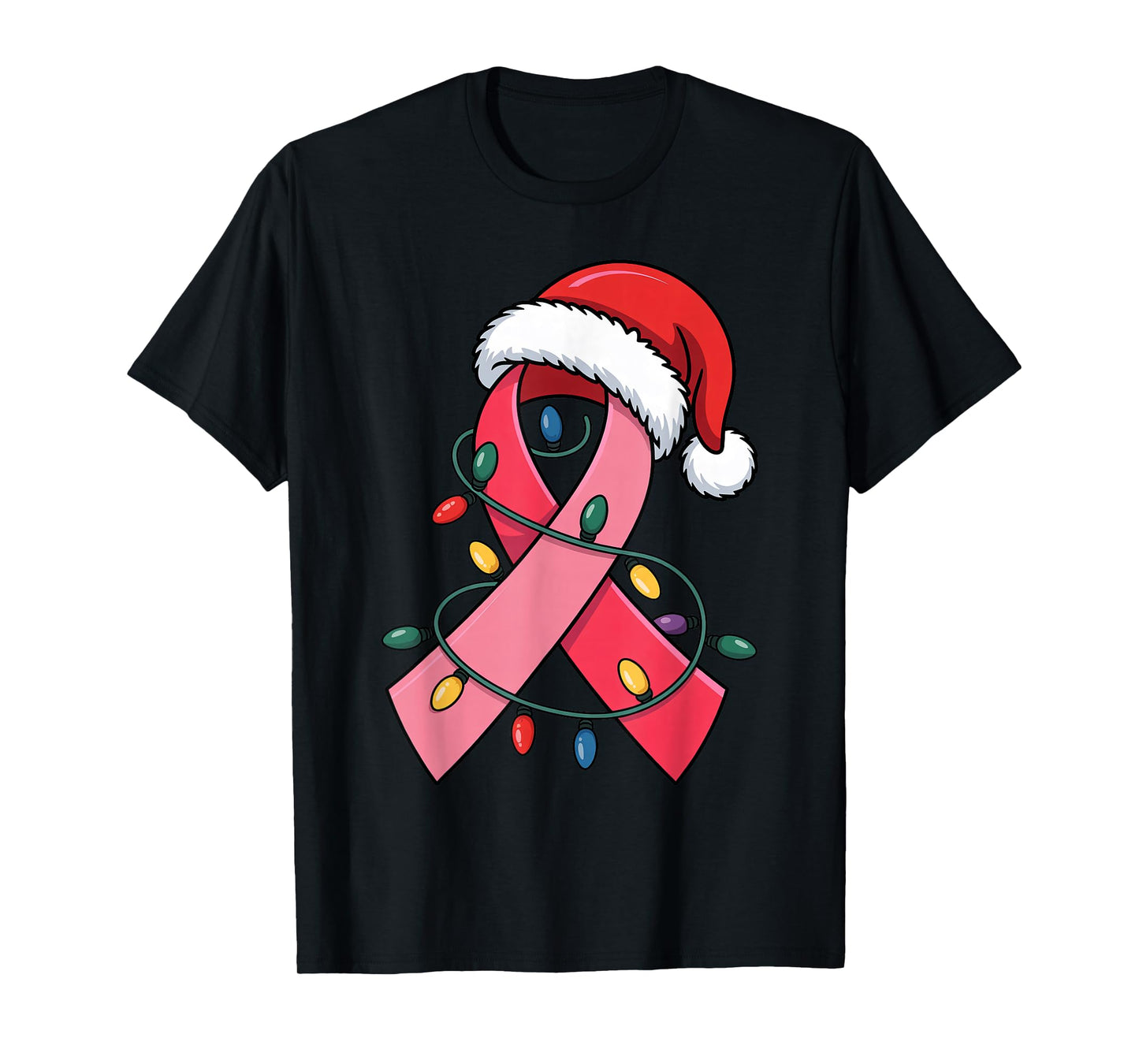 Pink Ribbon with Santa Hat Xmas Lights Breast Cancer Warrior T-Shirt