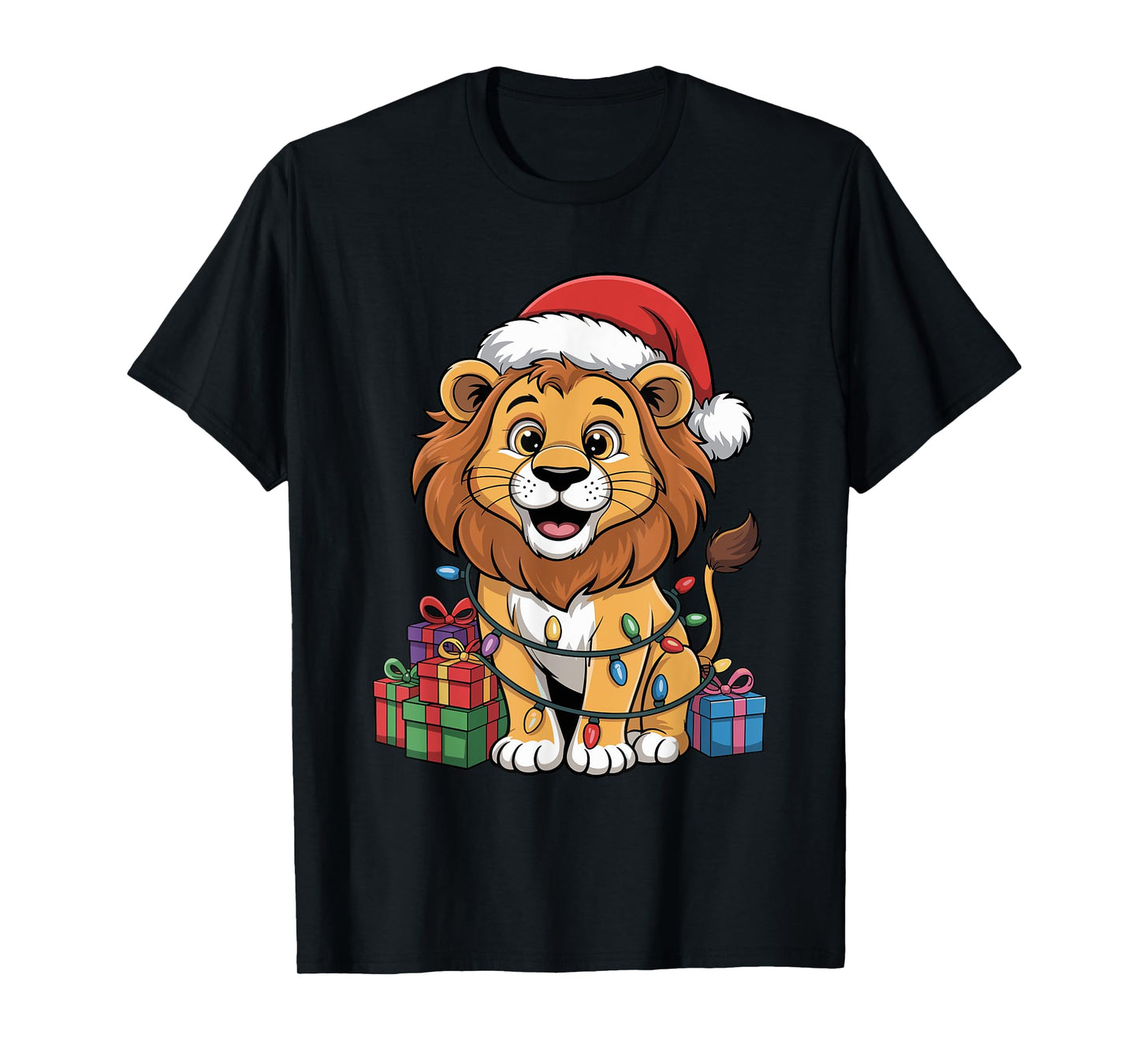Funny Lion Santa Hat Animals Lovers Ugly Christmas Pajamas T-Shirt