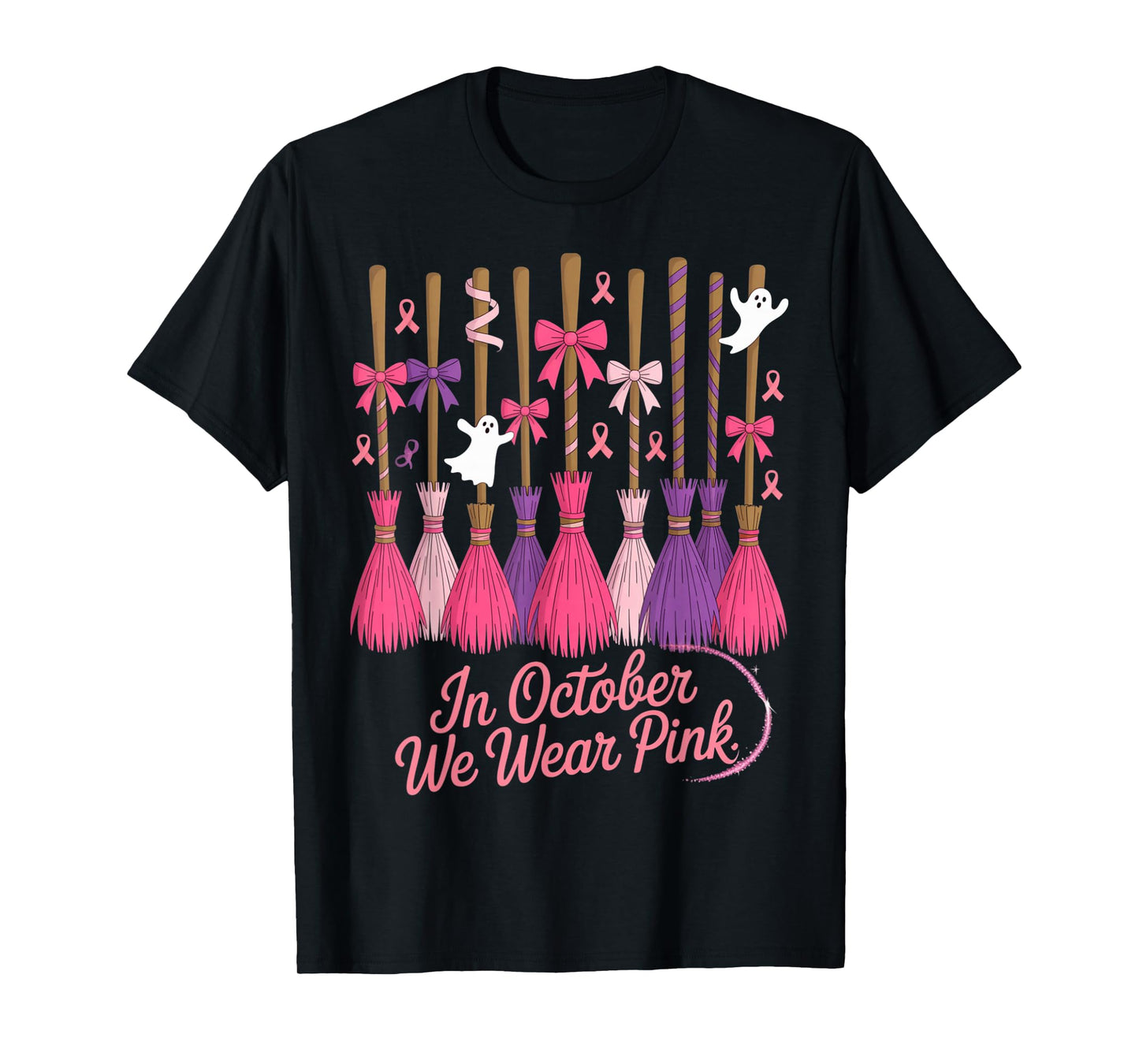 in October We Wear Pink Witches Brooms Spooky Breast Cancer T-Shirt