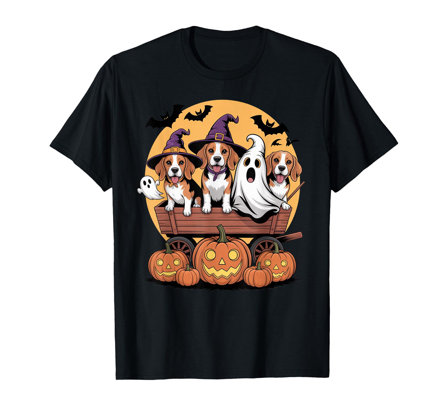 Beagle Halloween Wagon Witch Hats Ghost Bats Pumpkins Funny T-Shirt