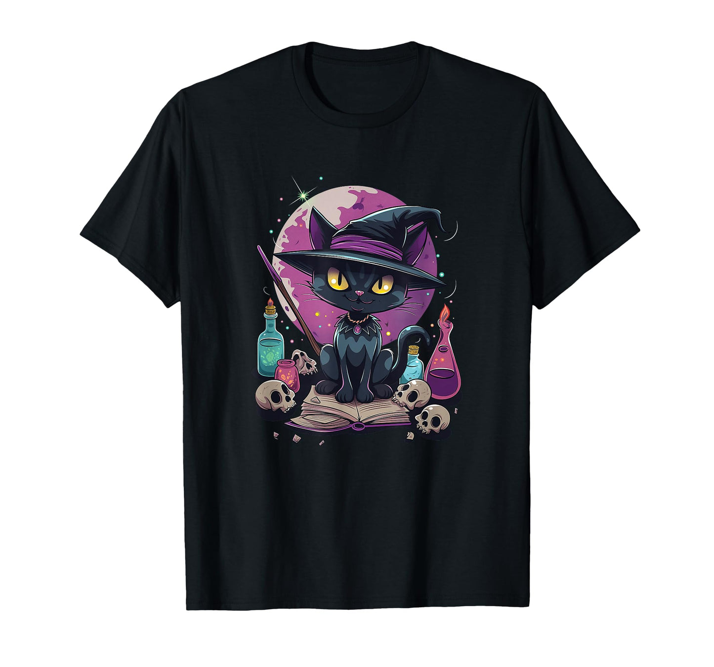 Spooky Salem Black Cat Witch & Book T-Shirt