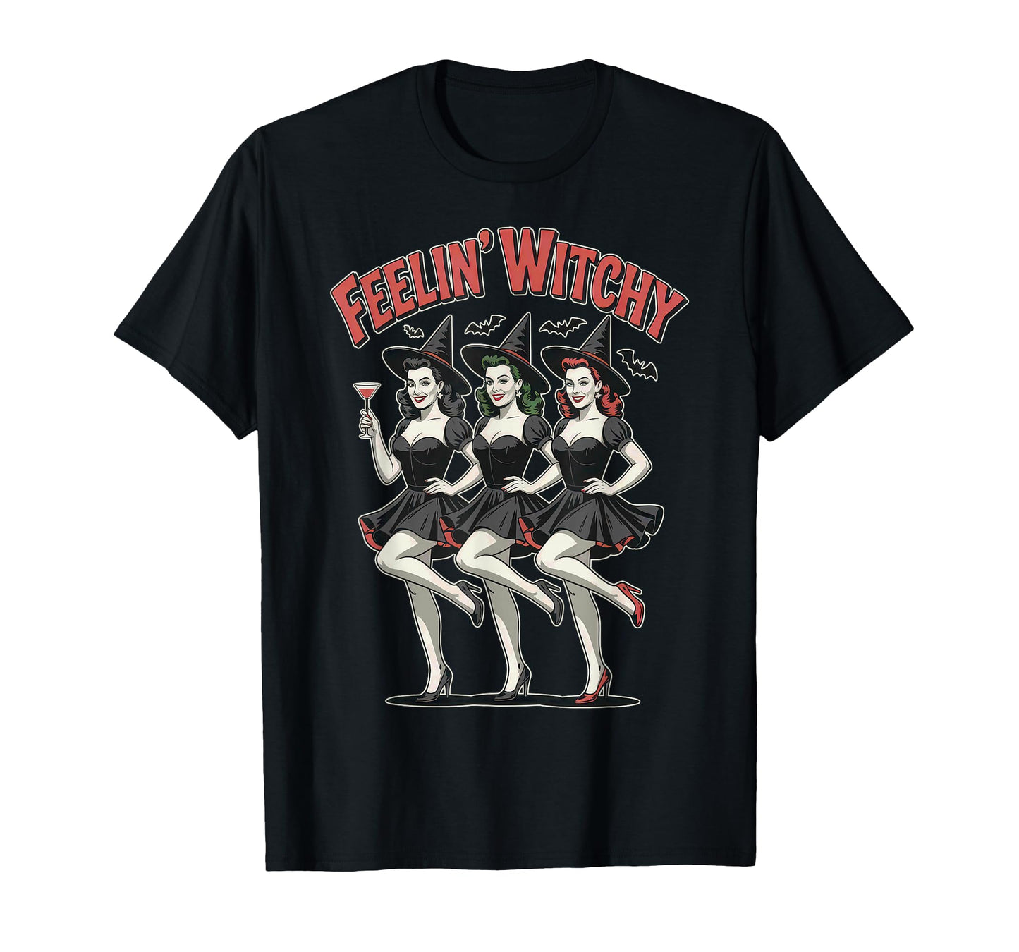 Cute Funny Feelin Witchy Halloween Witches with Bats T-Shirt