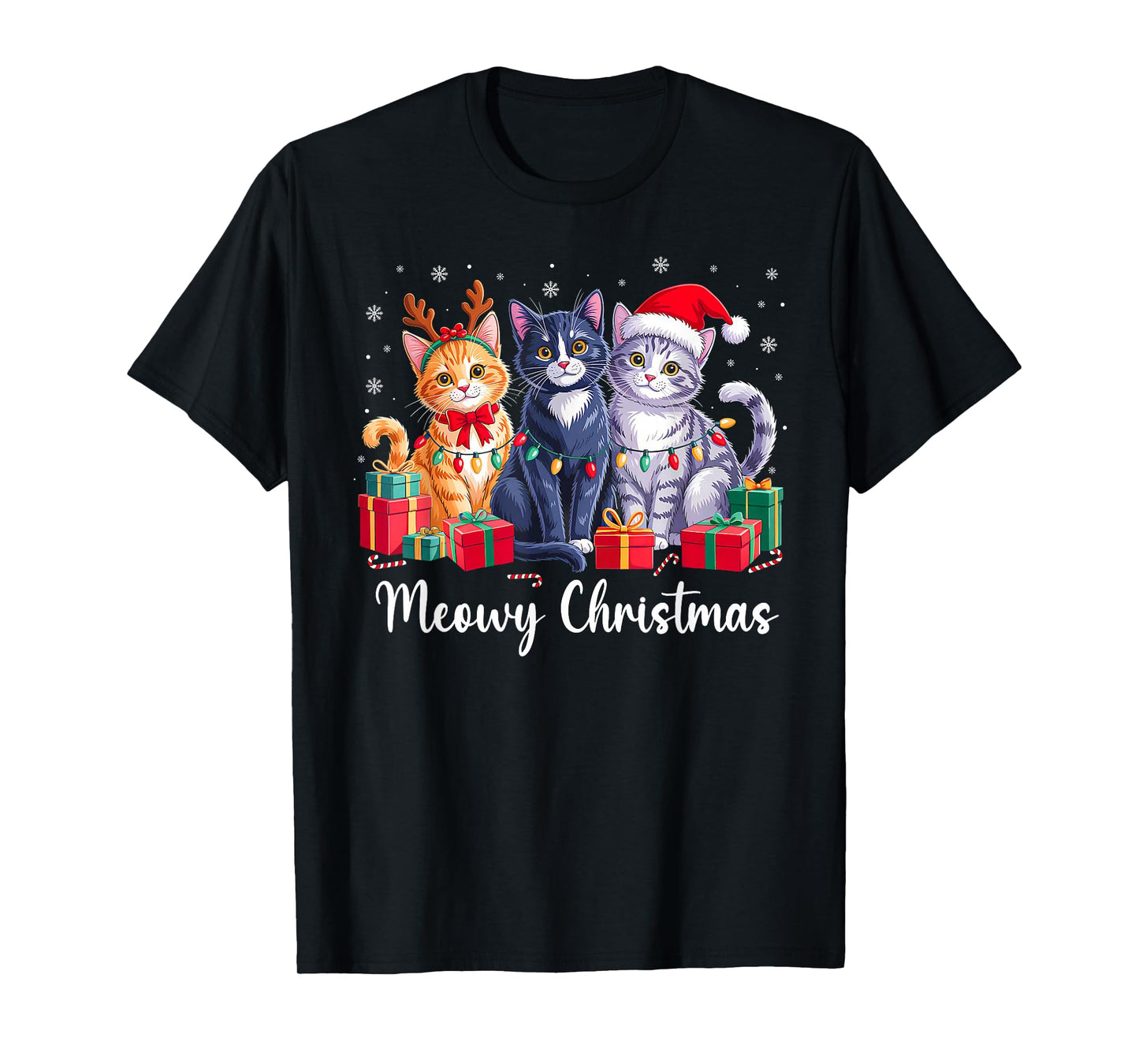 Meowy Christmas Lights Reindeer Santa Cat Lover Xmas Pajamas T-Shirt