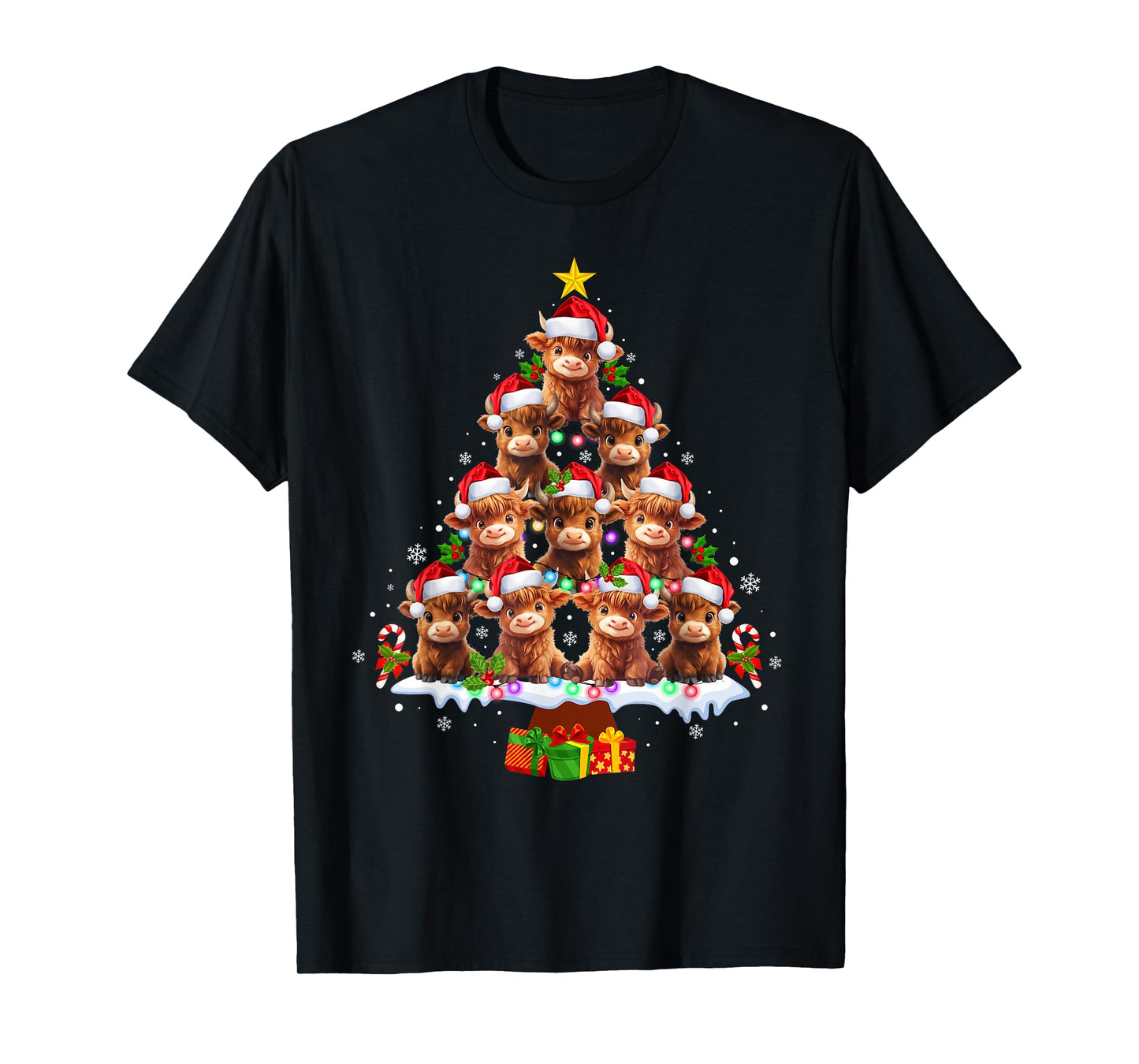 Scottish Highland Cow Christmas Tree Lights Xmas Pajamas T-Shirt