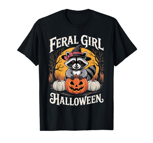 Feral Girl Halloween Funny Raccoon Pumpkin Witch Girl Women T-Shirt