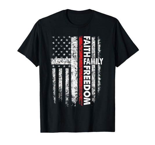 Faith Family Freedom Patriotic Christian Vintage USA Flag T-Shirt