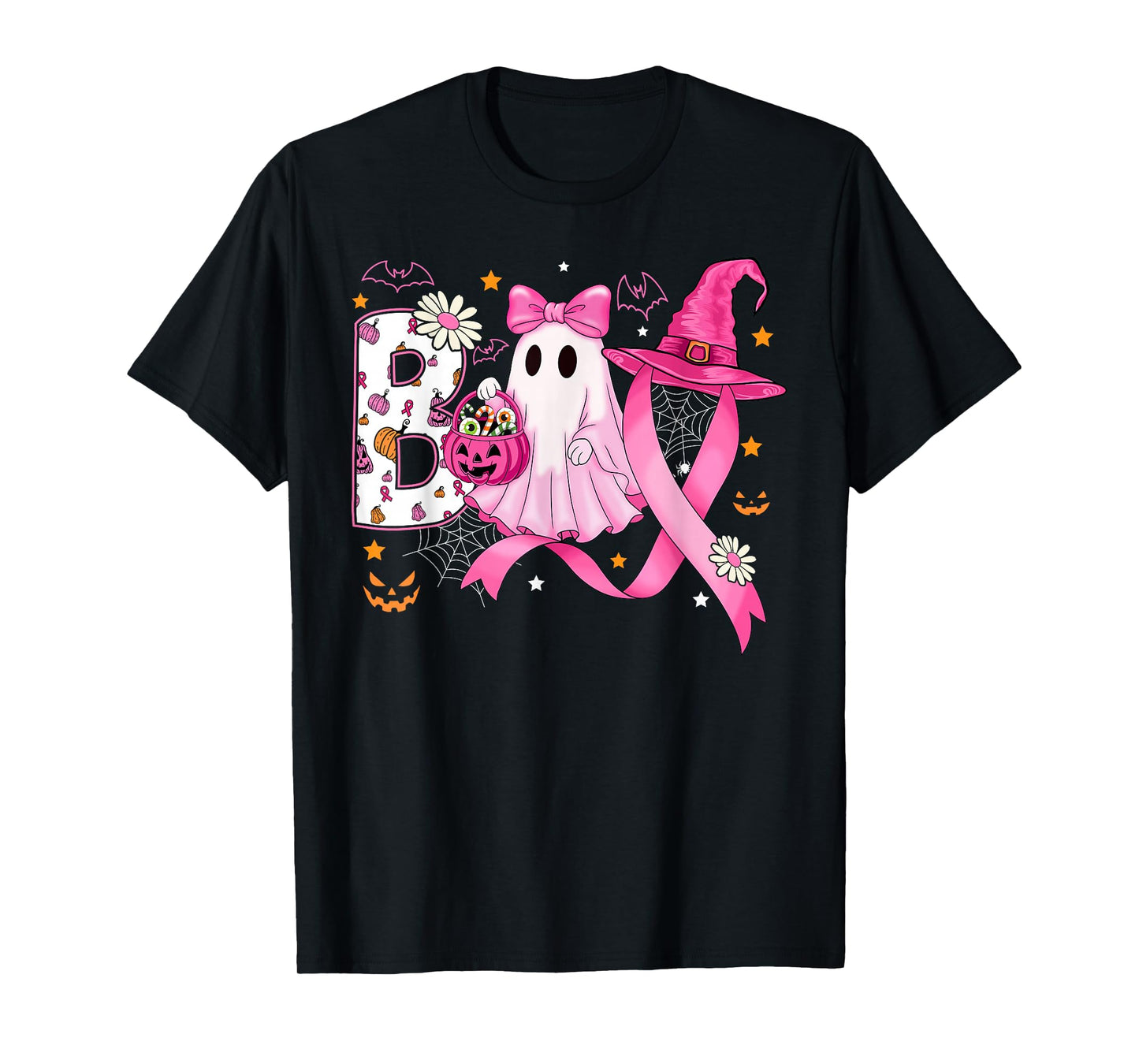 Pink Ghost Halloween Breast Cancer Boo Witch Ribbon Pumpkin T-Shirt