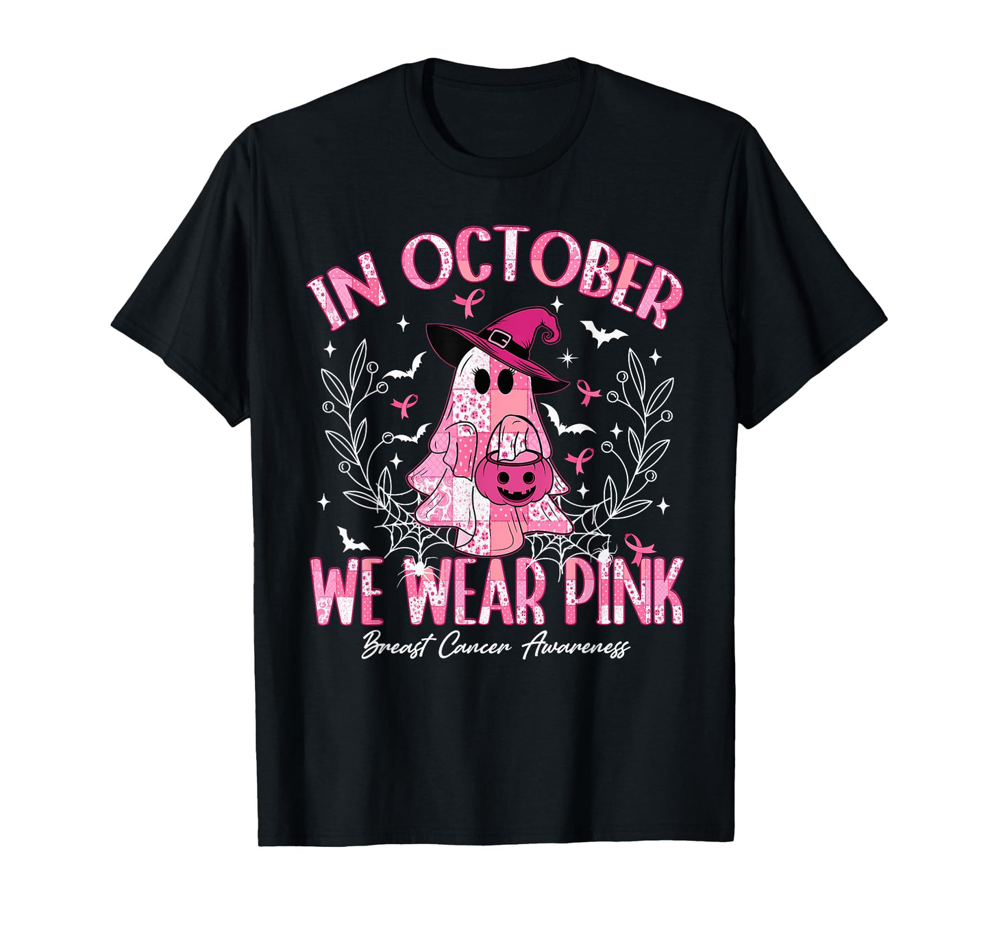 in October We Wear Pink Ghost Witch Breast Cancer Awareness T-Shirt
