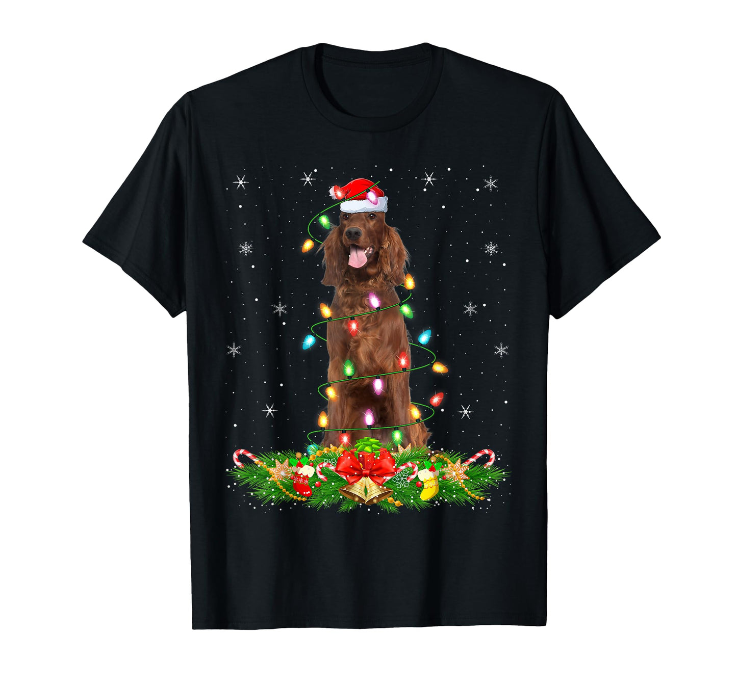 Irish Setter Dog Christmas Lights Funny Santa Hat Xmas T-Shirt