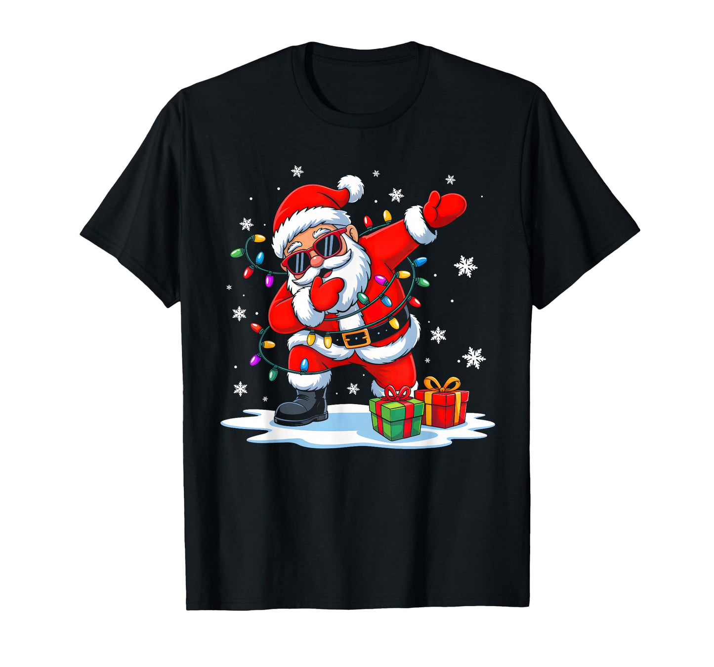 Dabbing Santa with Sunglasses Xmas Lights Funny Christmas T-Shirt