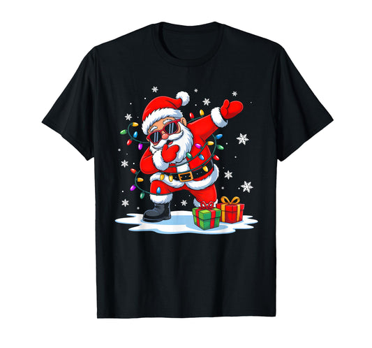 Dabbing Santa with Sunglasses Xmas Lights Funny Christmas T-Shirt