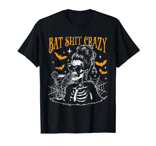 Bat Shit Crazy Halloween Flower Witch Skeleton T-Shirt