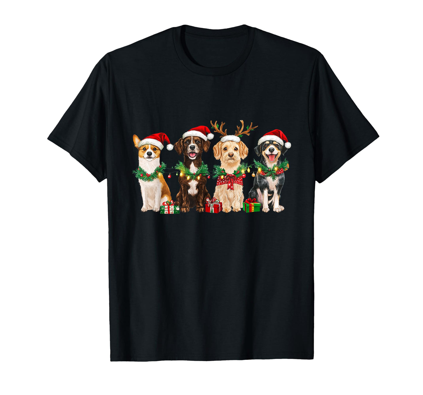 Four Christmas Dogs with Santa Hats and Holiday Lights T-Shirt