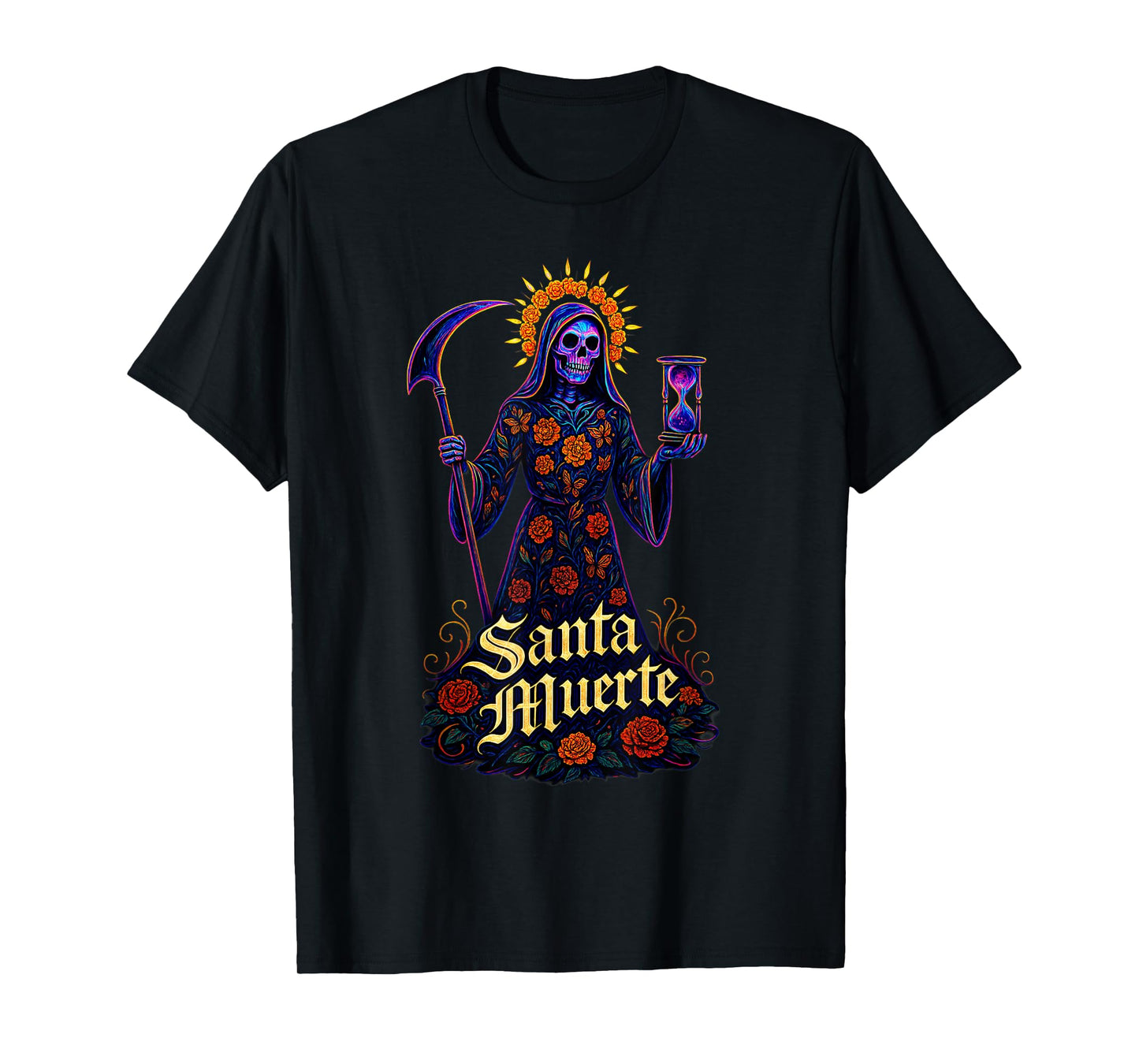 Santa Muerte with Marigolds & Butterflies, Cosmic Hourglass T-Shirt