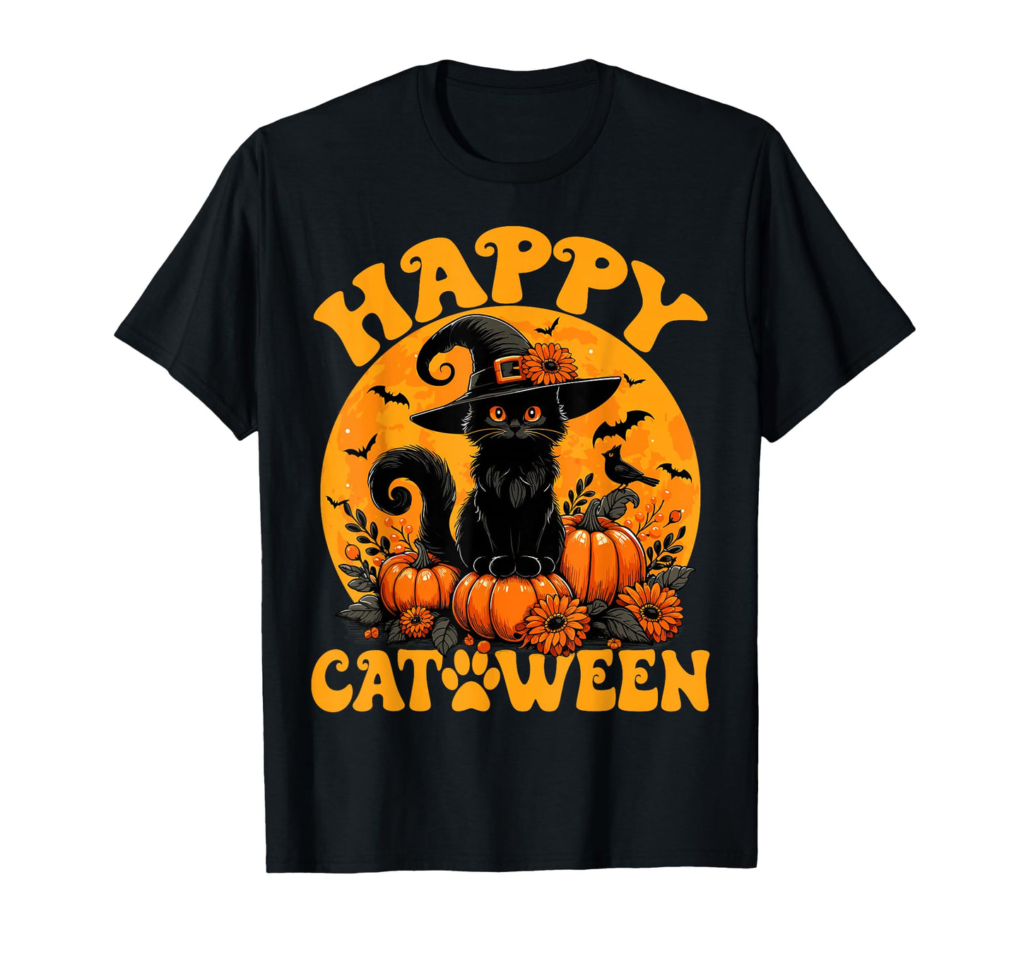 Funny Black Cat Pumpkin Witch Kitten Full Moon Halloween Cat T-Shirt