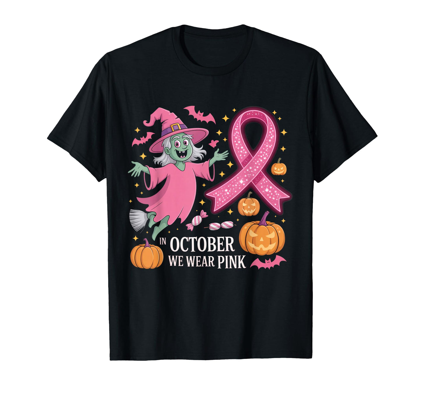 in October We Wear Pink Ghost Witch Breast Cancer Awareness T-Shirt