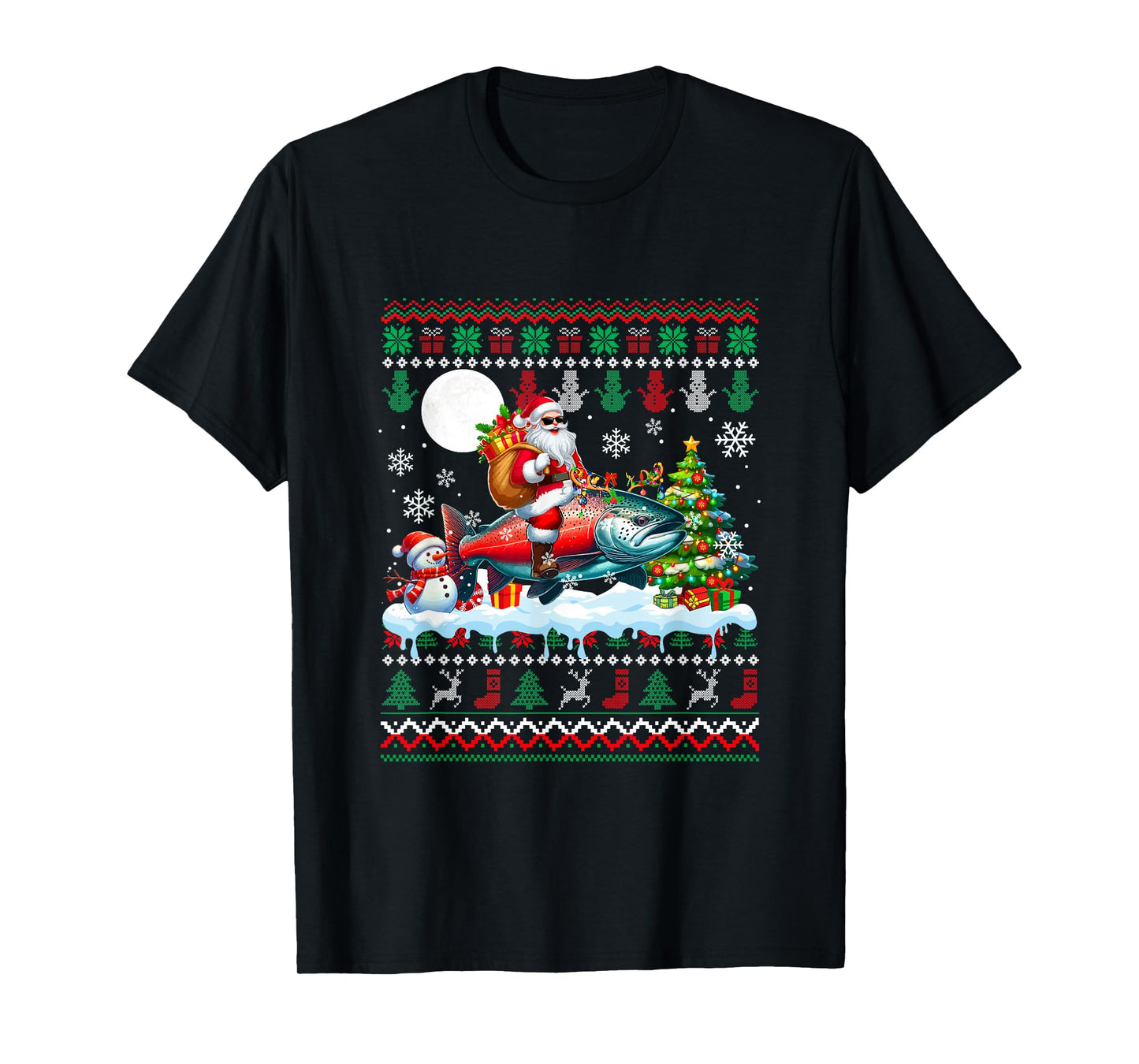 Santa Riding Reindeer Salmon Sweater Xmas Tree Snowman T-Shirt