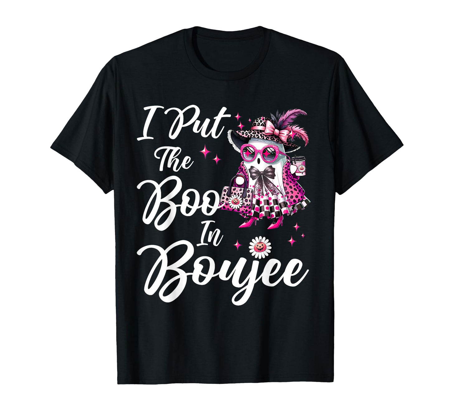 I Put The Boo in Boujee Pink Retro Leopard Ghost Halloween T-Shirt