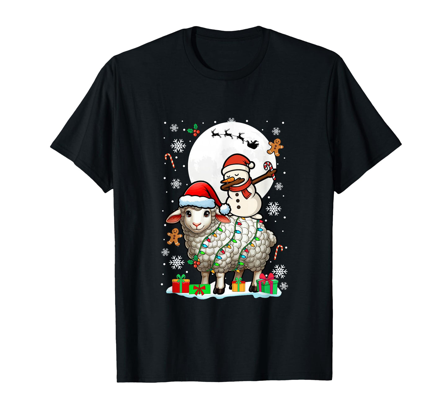 Dabbing Snowman On Sheep Christmas Santa Colorful Lights T-Shirt