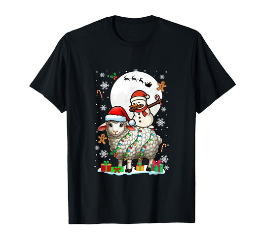 Dabbing Snowman On Sheep Christmas Santa Colorful Lights T-Shirt