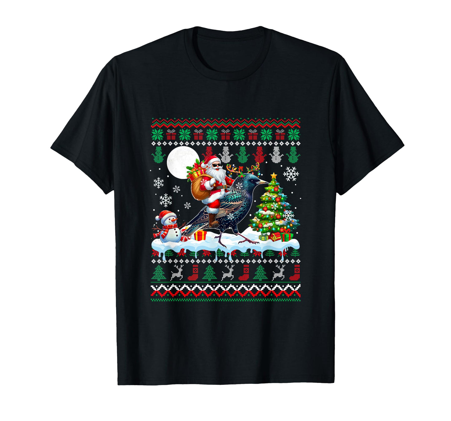 Santa Riding Reindeer Starling Sweater Xmas Tree Snowman T-Shirt