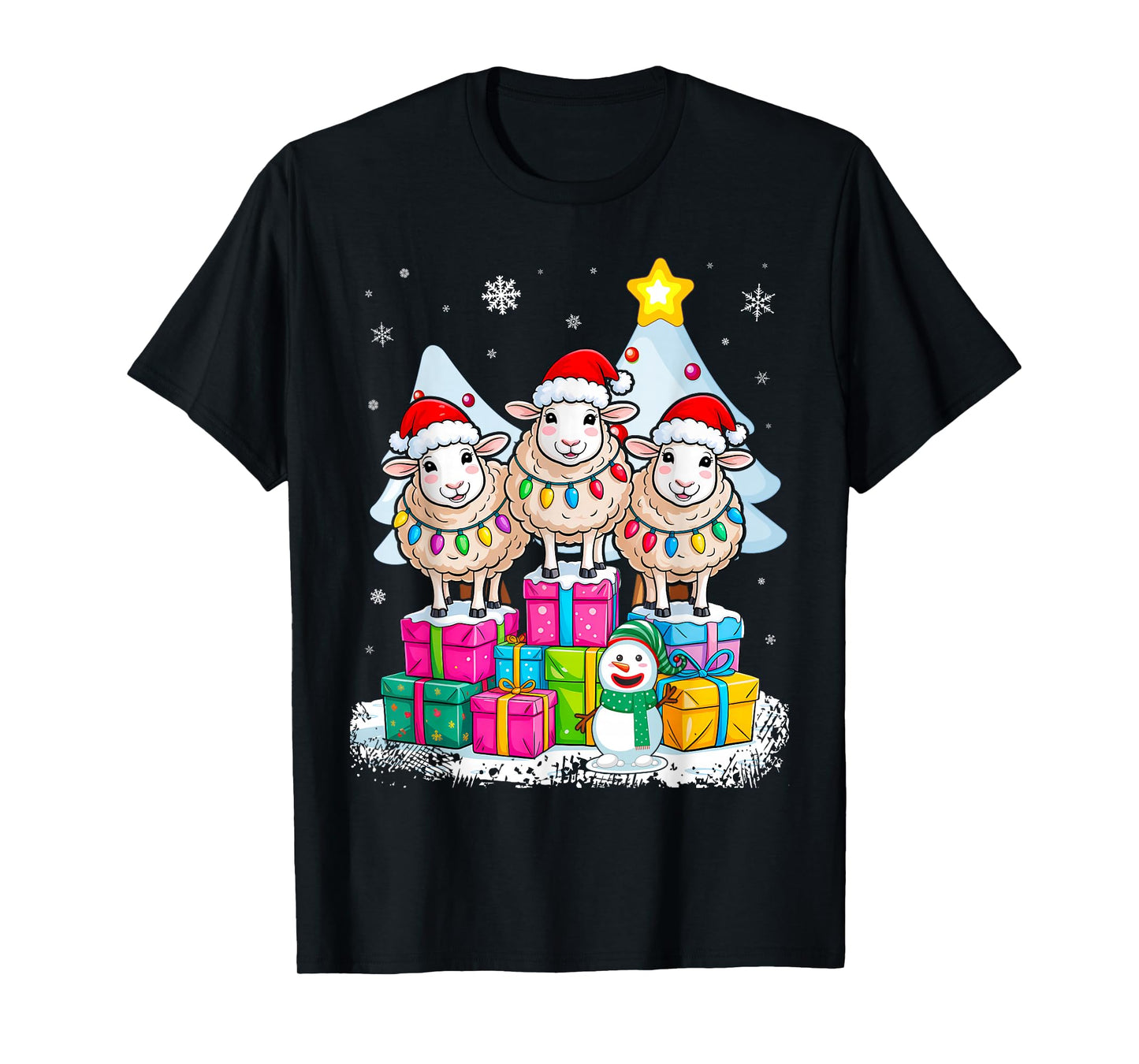 Santa Sheep Funny Christmas Lights Reindeer Farmer T-Shirt