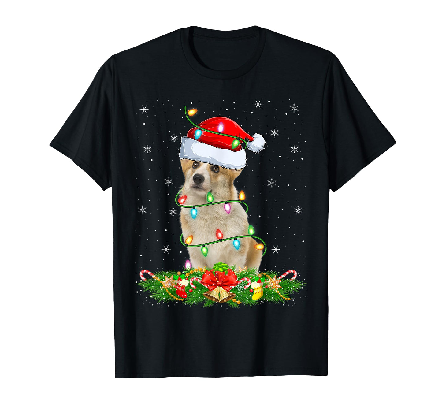 Welsh Corgi Dog Christmas Lights Funny Santa Hat Xmas T-Shirt