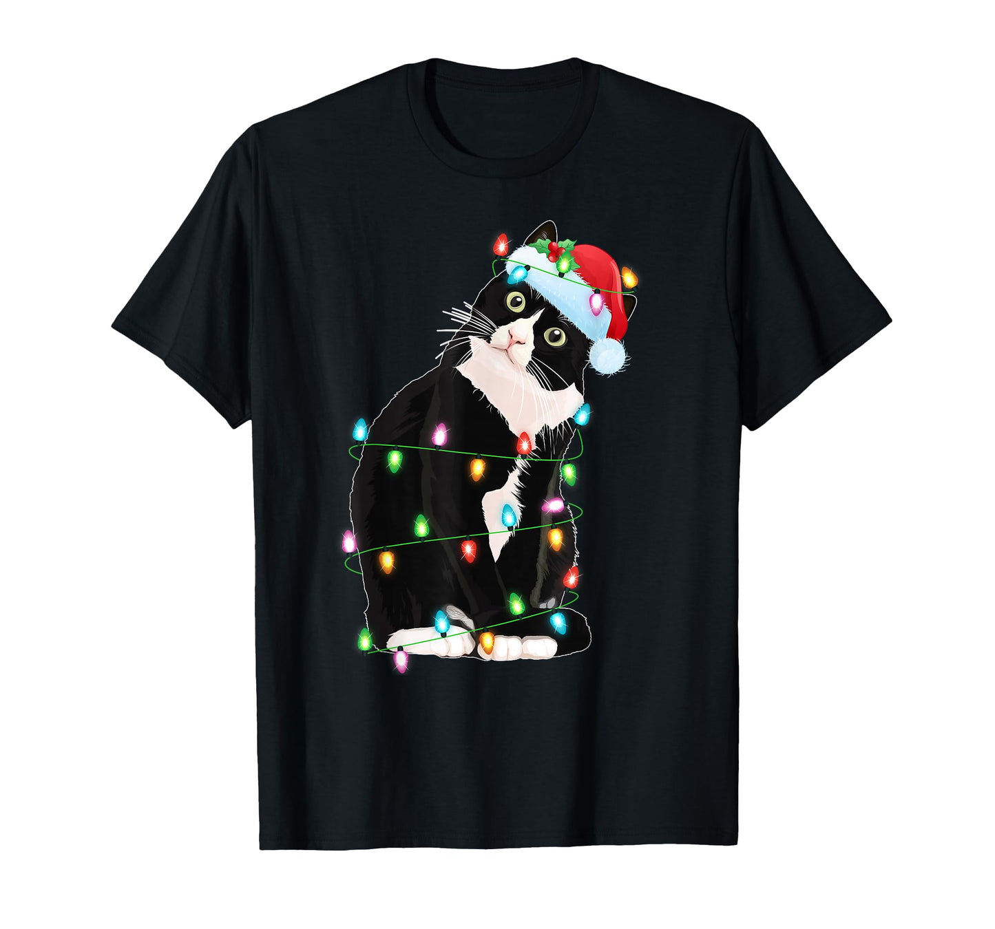 Black Cat Christmas Lights Funny Santa Hat Black Cat Xmas T-Shirt