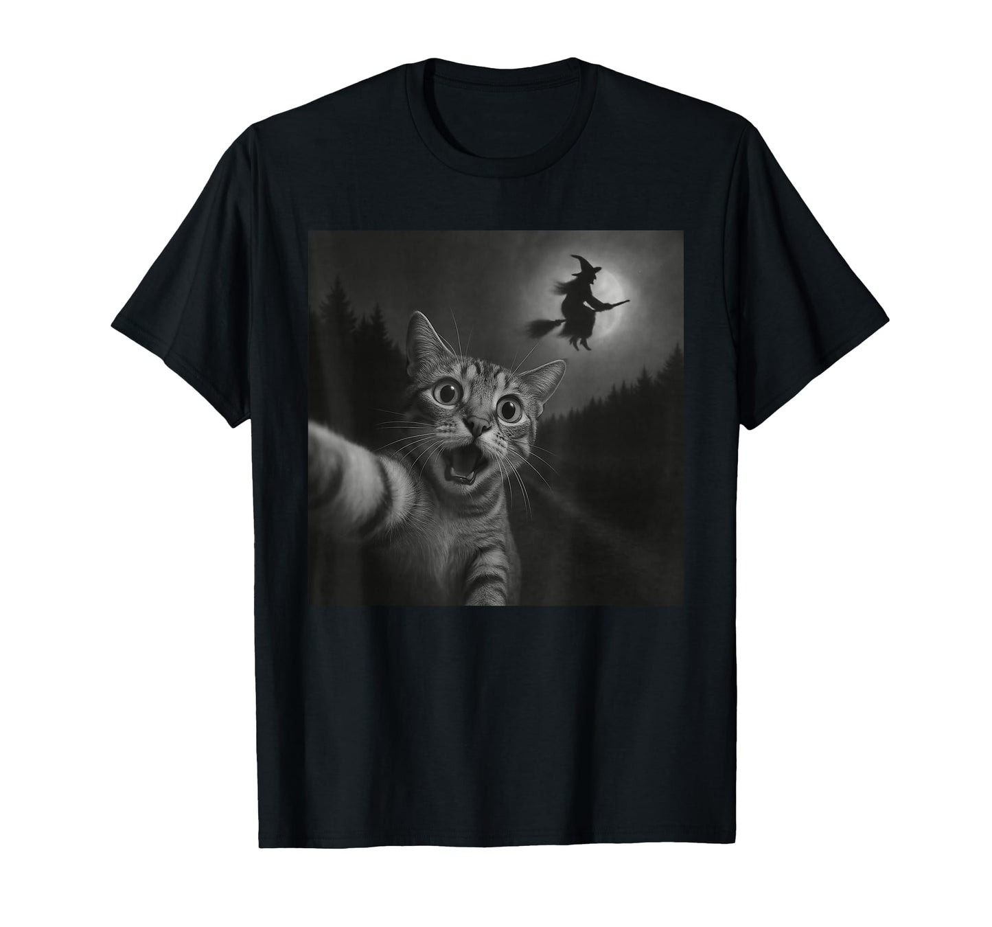 Funny Halloween Surprised Scared Cat Selfie Witch Broomstick T-Shirt