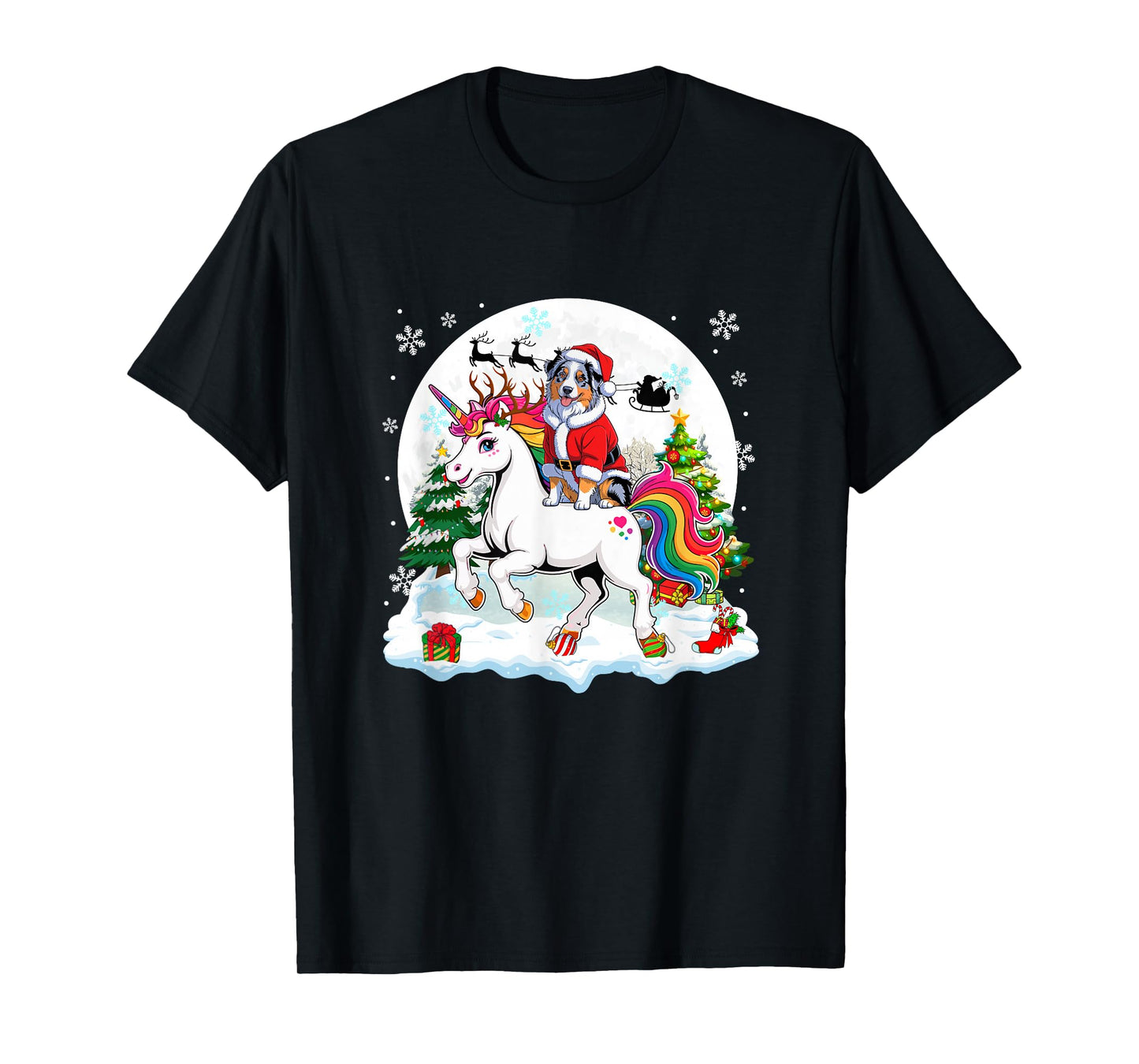 Santa Aussie Riding Unicorn Reindeer Christmas Owner Kids T-Shirt