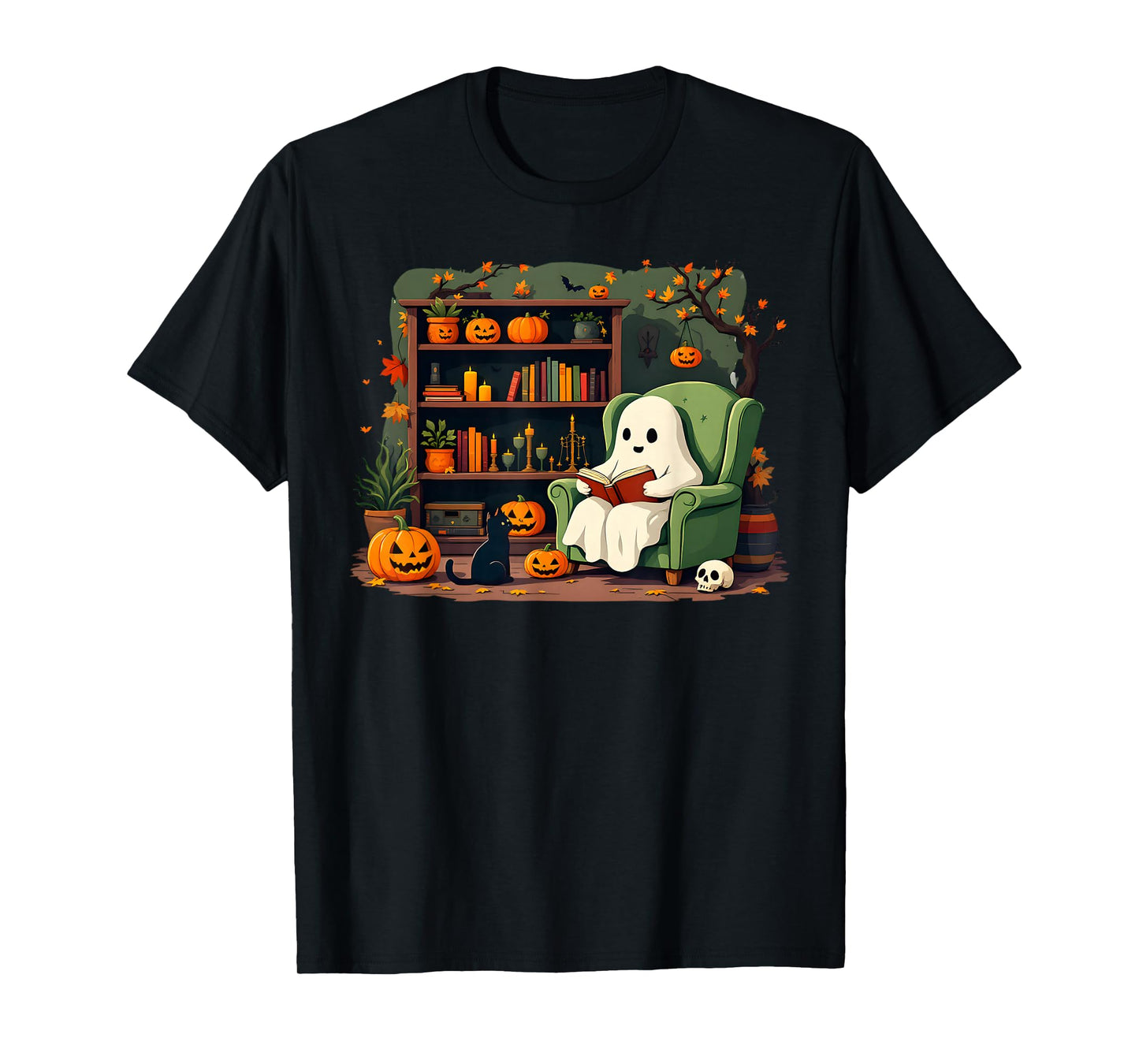 Ghost Library Reading Books Halloween Men Women Kids T-Shirt