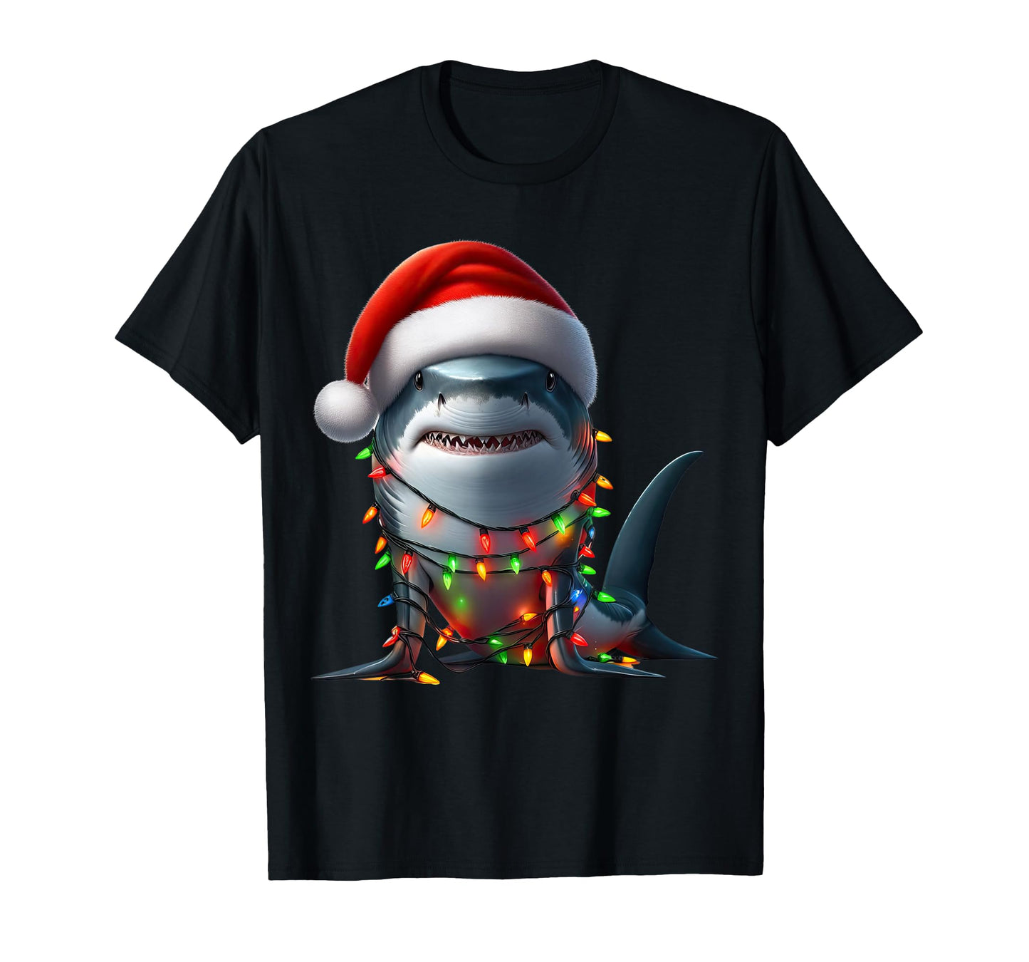 Shark Christmas Lights Funny Santa Hat Merry Xmas T-Shirt