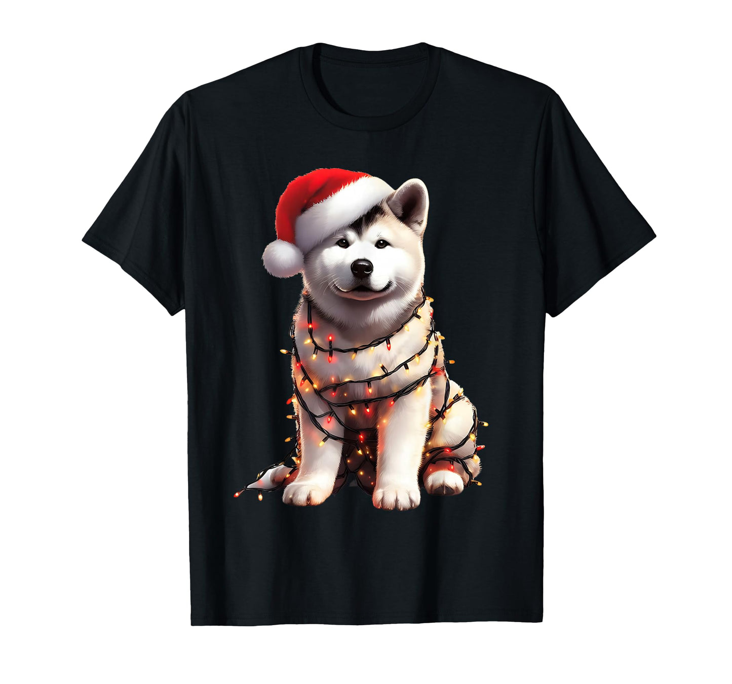 Akita Dog Christmas Lights Santa Hat Dog Lover T-Shirt