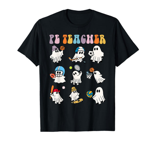 Halloween PE Teacher Ghost Playing Soccer Football Baseball T-Shirt