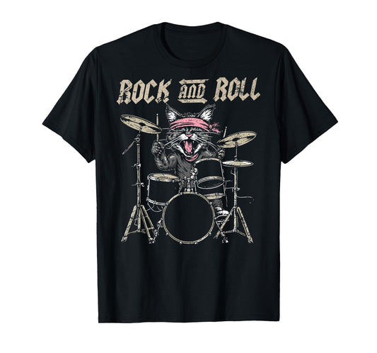 Rock and Roll Cat Drum Vintage ROCK Cat Drummer (ART BACK) T-Shirt for Men Women Kids