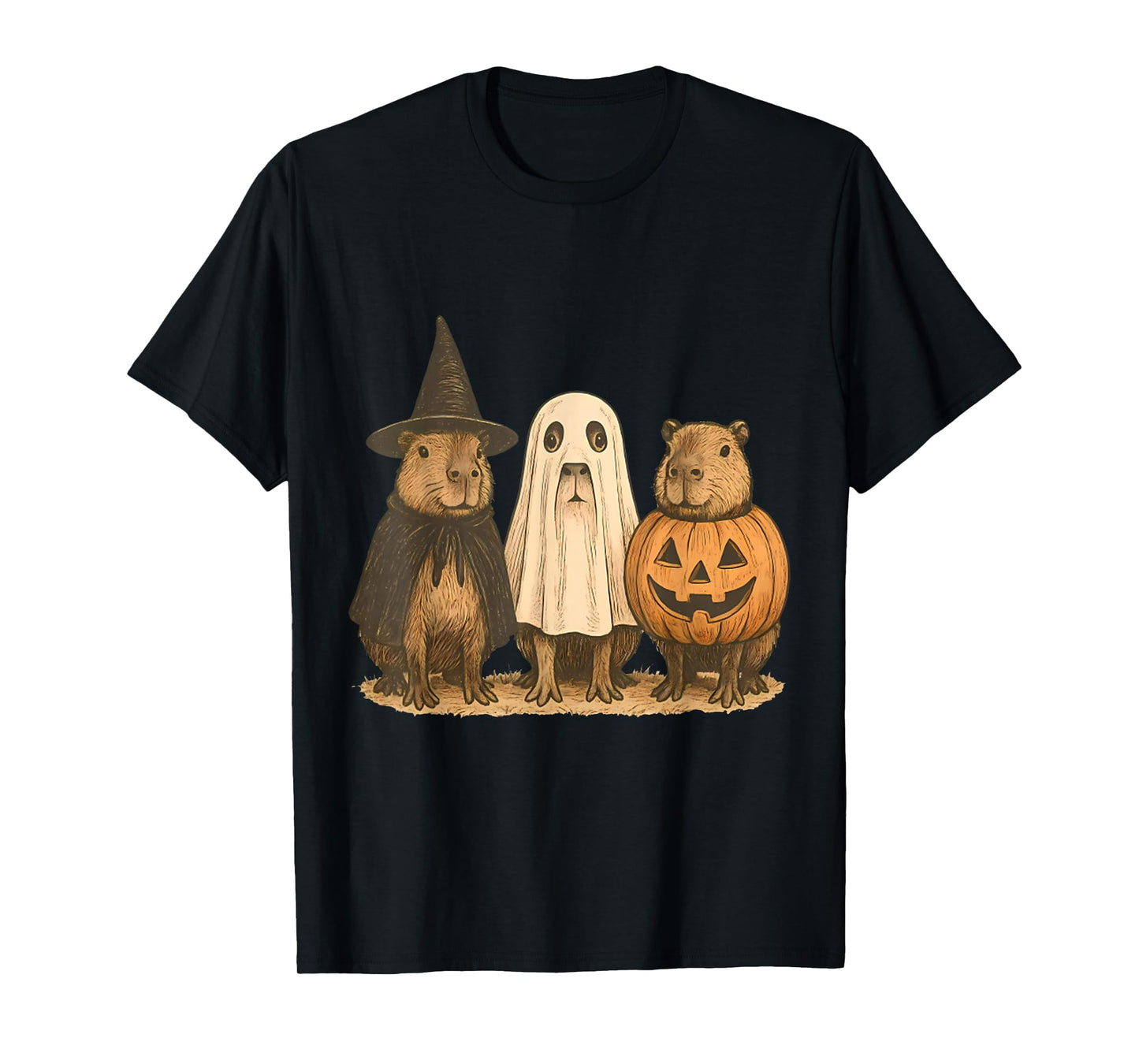 Vintage Cute Capybara Pumpkin Witch Halloween Spooky Season T-Shirt