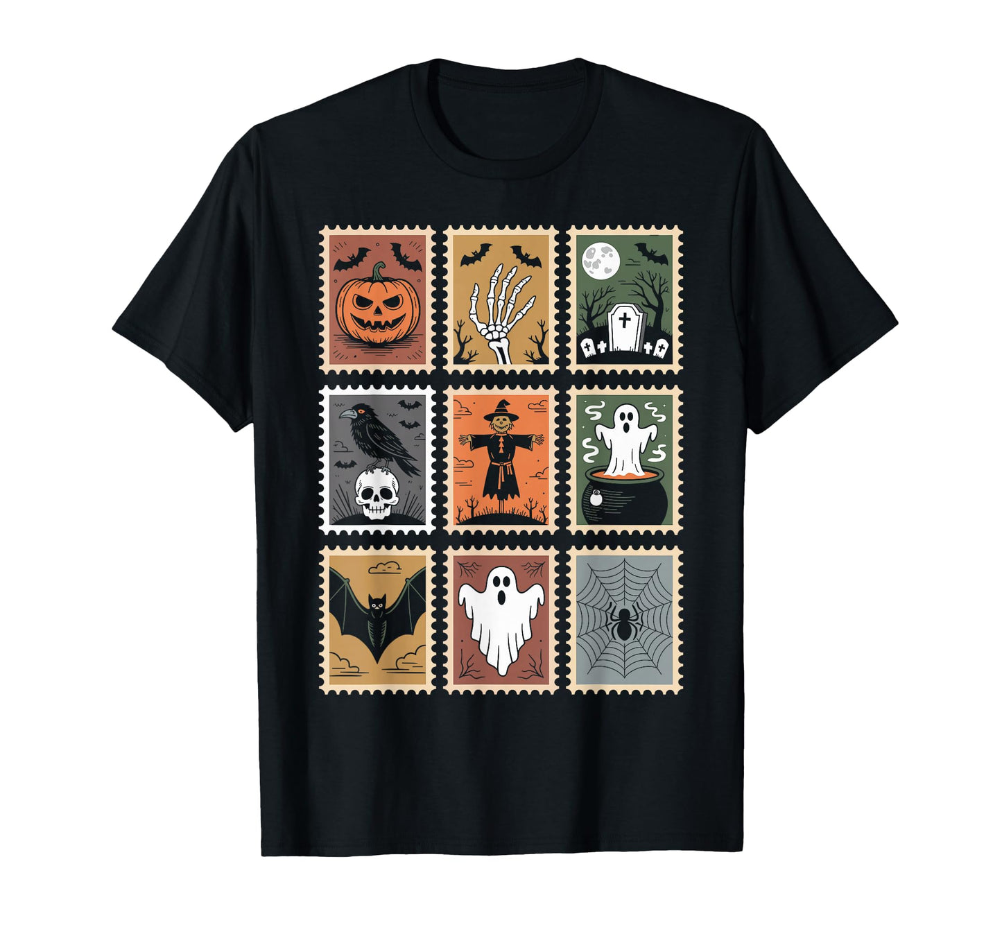 Halloween Stamps Spooky Pumpkin Ghost Cat Witch Skeleton T-Shirt