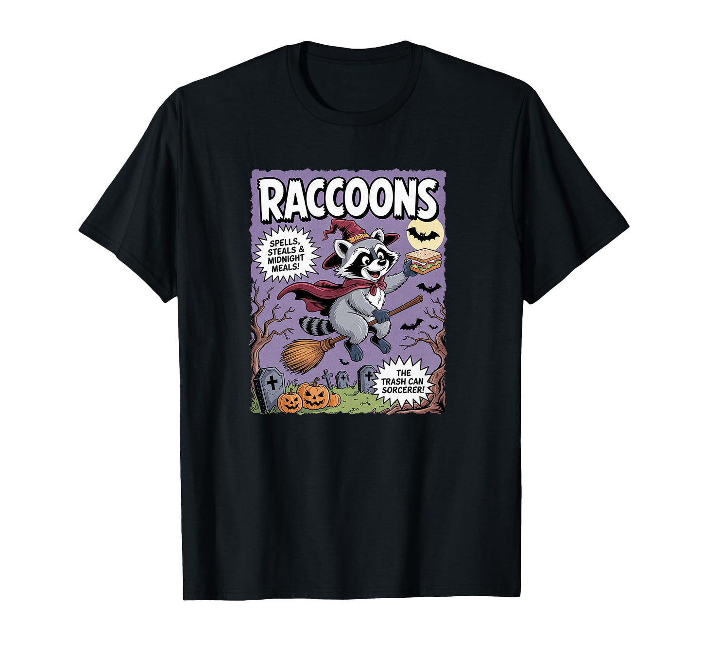Cute Vintage Raccoon Witch Halloween Funny Trash Panda Comic T-Shirt