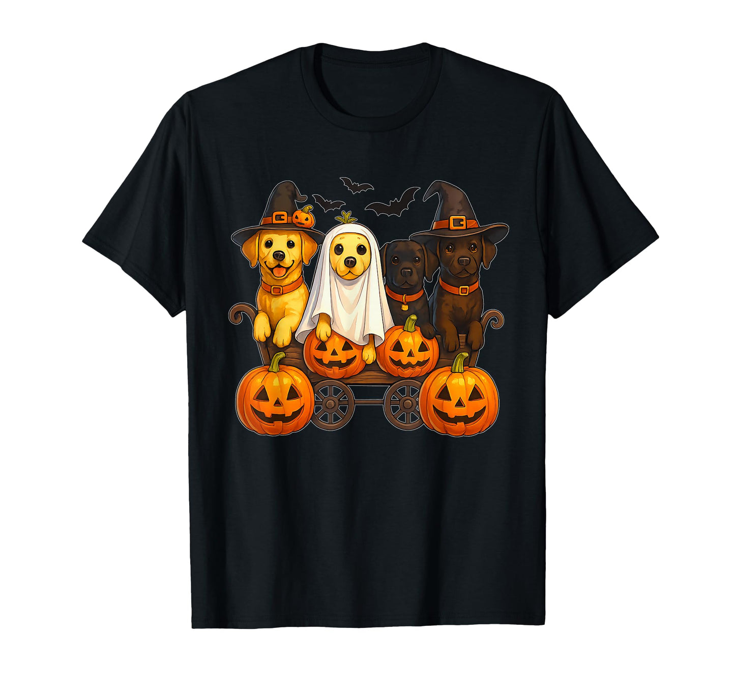 Halloween Retriever Dogs Ghost Witch Pumpkins Wooden Wagon T-Shirt