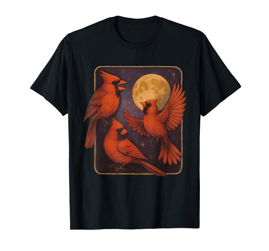 Vintage 3 Red Cardinal Bird Howling at The Moon Birdwatching T-Shirt