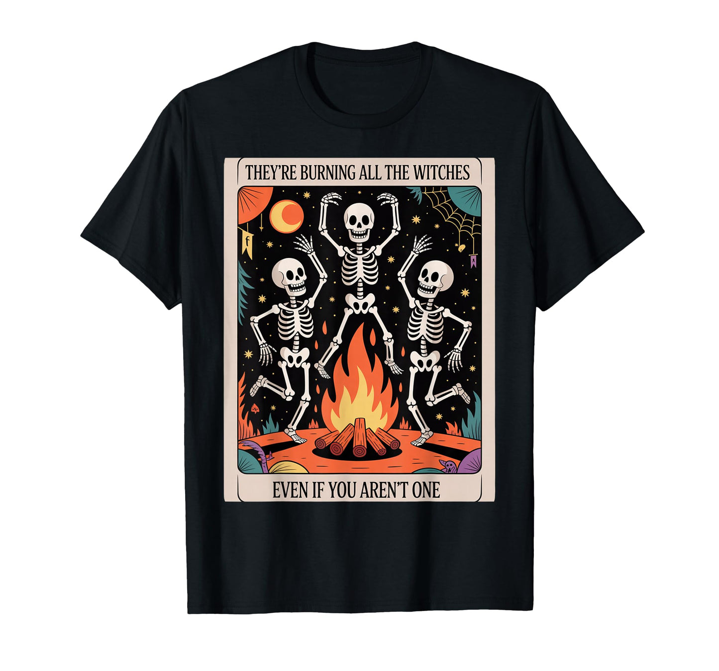 Burning Witches Skeleton Bonfire Tee – Gothic Halloween Taro T-Shirt