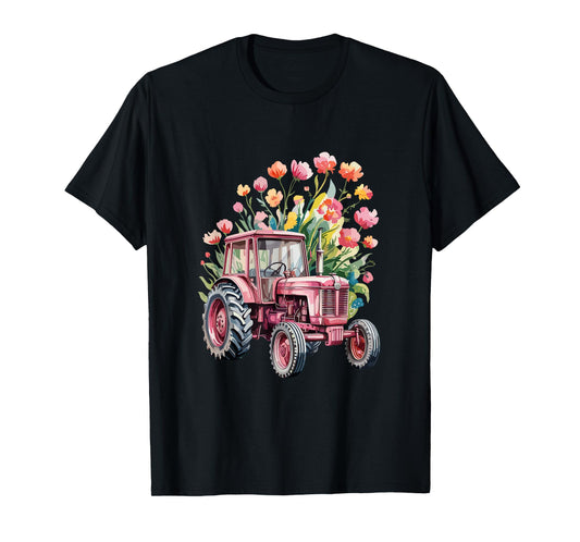 Floral Flower Pink Tractor Country Farm Girl T-Shirt