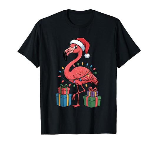 Flamingo Santa Hat Animals Lovers Ugly Christmas Pajamas T-Shirt