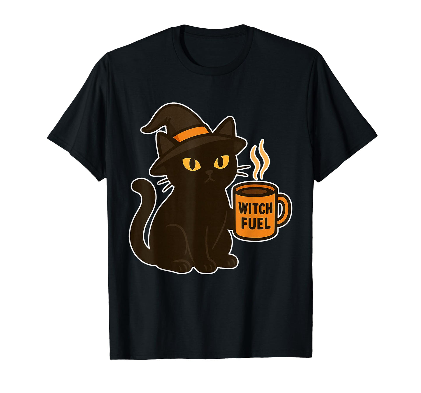 Witch Fuel Black Halloween Cat Drinking Pumpkin Spice Coffee T-Shirt