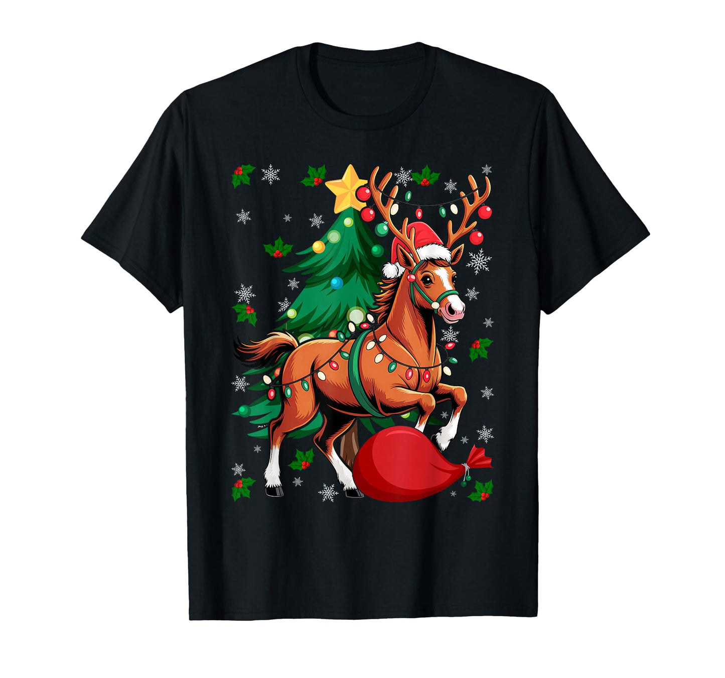 Christmas Lights Horse Santa Funny Xmas Tree T-Shirt