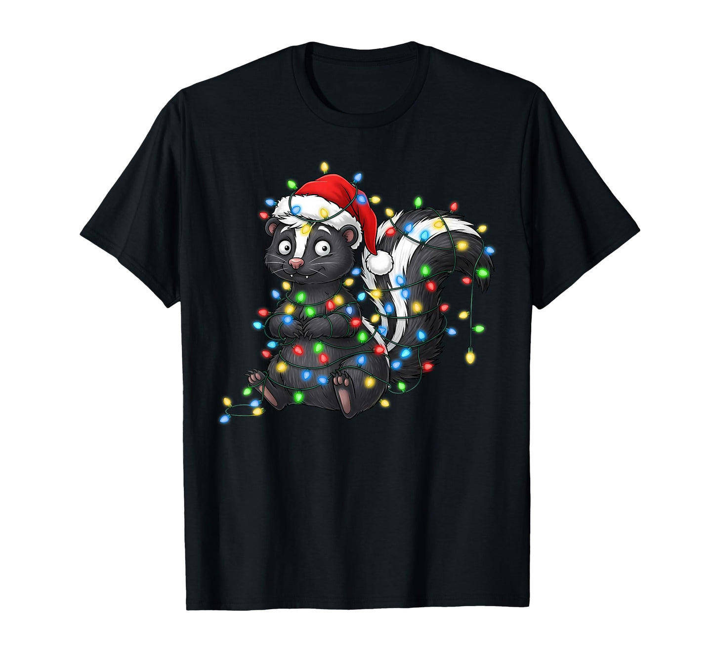 Cute Skunk Tangled in Christmas Lights Wearing Santa Hat T-Shirt