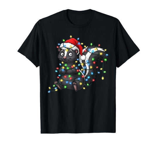 Cute Skunk Tangled in Christmas Lights Wearing Santa Hat T-Shirt