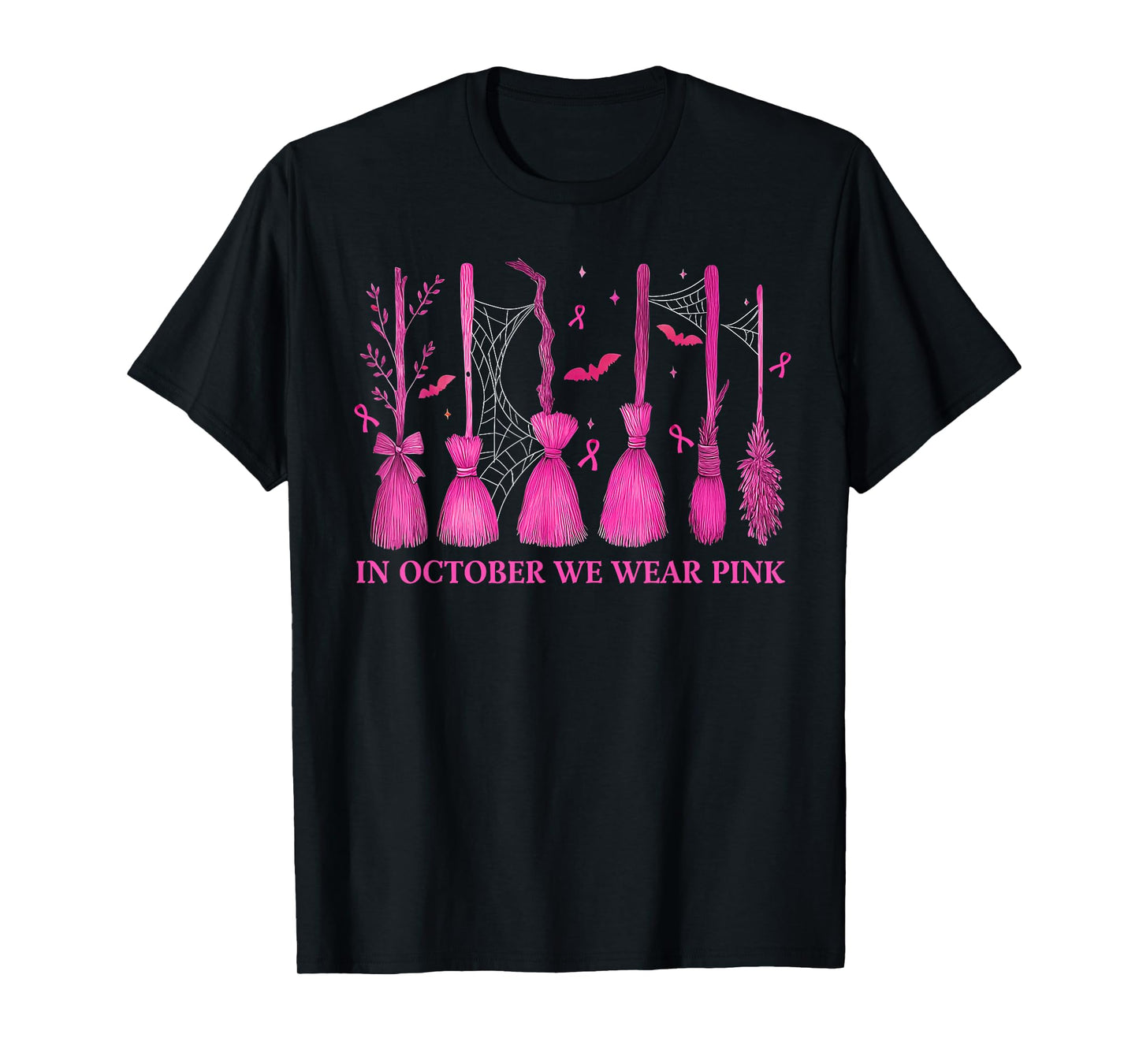 in October We Wear Pink Witch Broom Breast Cancer Halloween T-Shirt