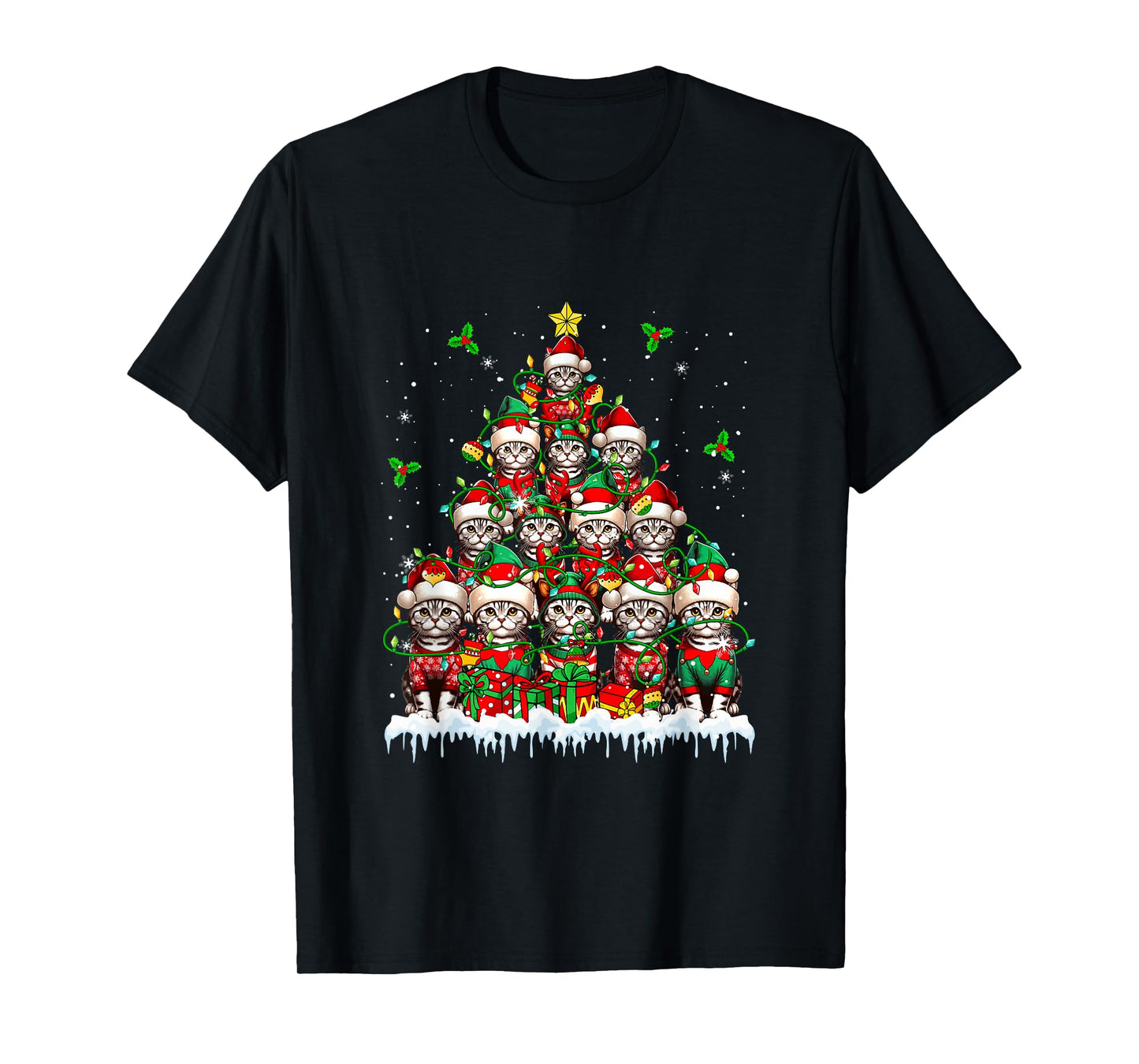 Group Santa Reindeer Elf American Shorthair Cats Xmas Tree T-Shirt